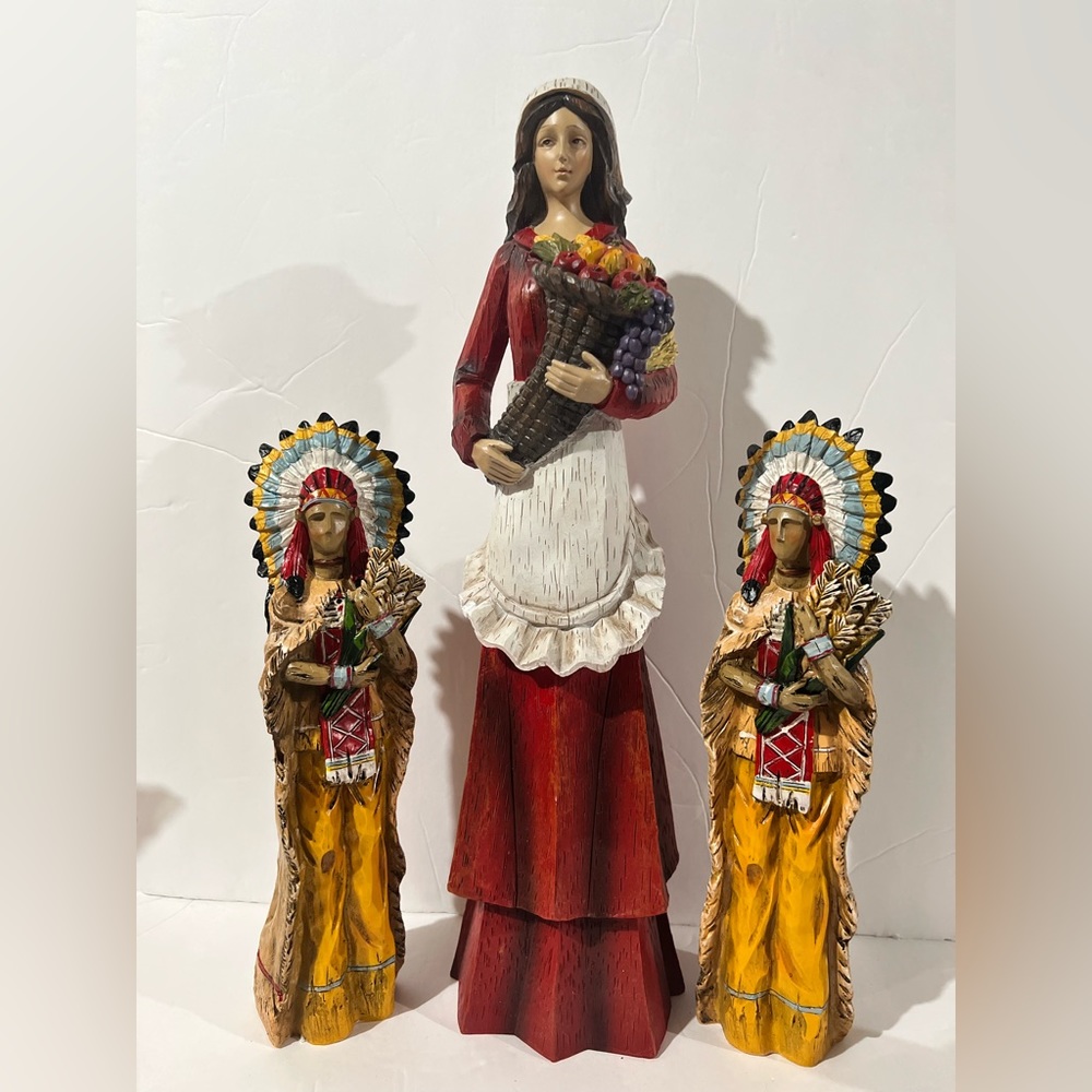 NEW Fall Thanksgiving Native American Carved Pilgrim Statues - Bundle of 3 Large